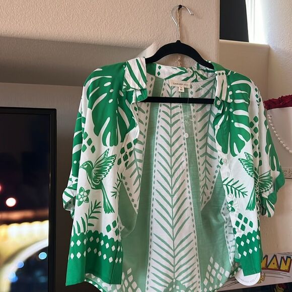 NWT Coord Set Sunburst Kiss White/Green Wide Pants Tropical Palm Print SET - Picture 7 of 8